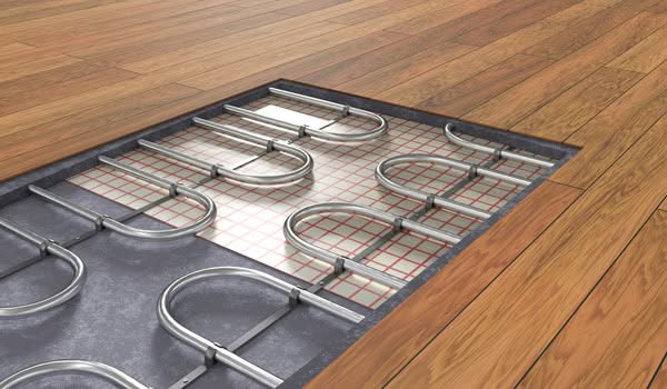 Wooden floor with floor heating system, emphasizing boiler's heating adjustments.
