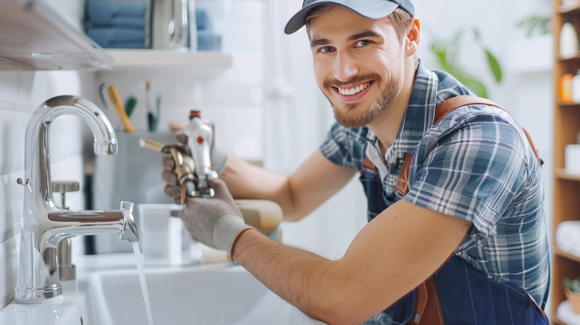 A man in overalls smiles while repairing a sink, showcasing his expertise in professional plumbing services.
